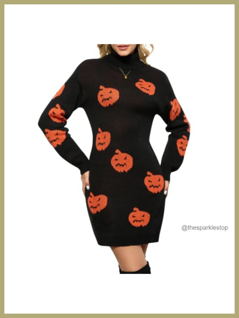 Halloween Pumpkin Sweater Dress Turtleneck Long Sleeve Knit Midi